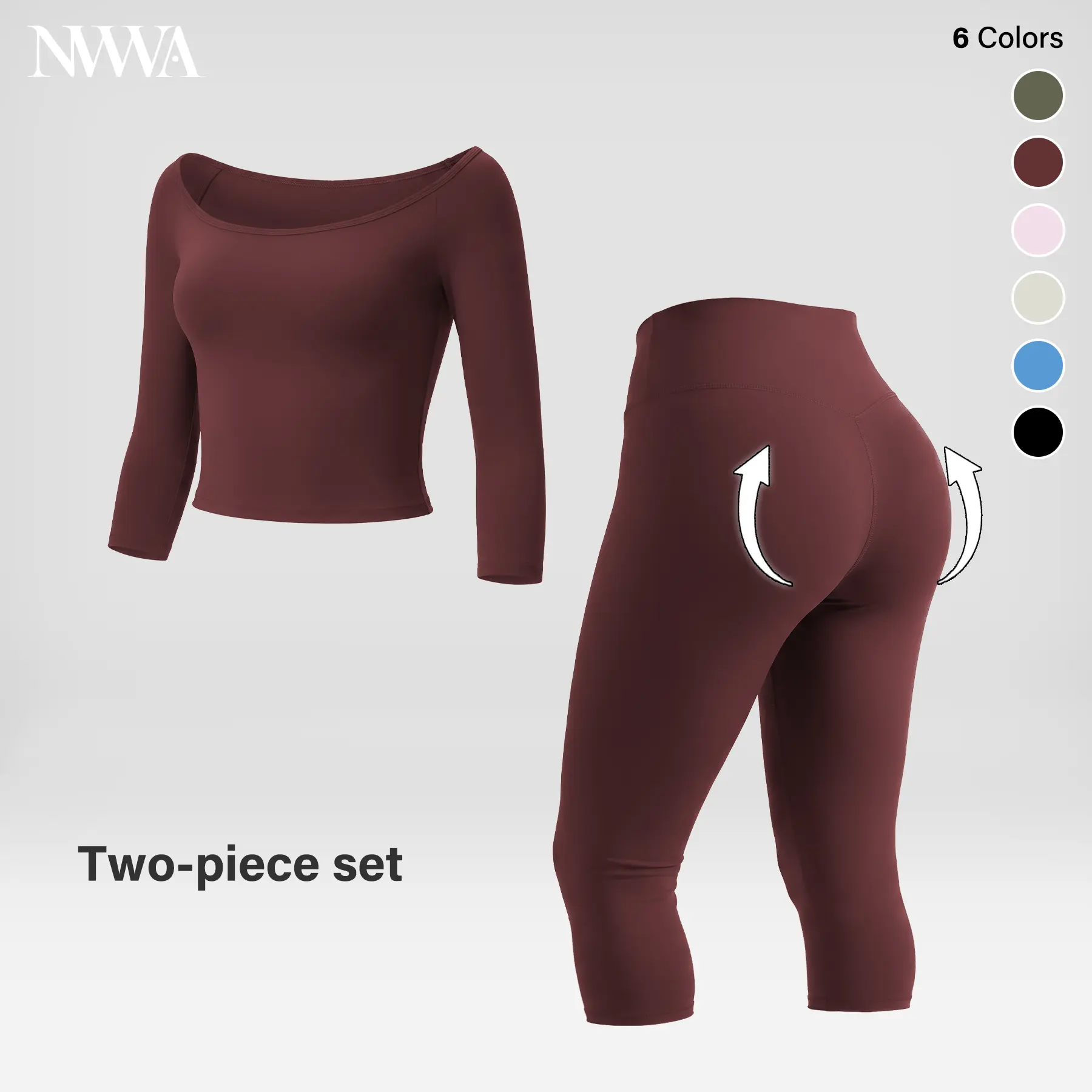 NVWA Woman 2 Piece Set Versatile 2-Way Wear Off the Shoulder or Scoop Neck 3/4 Sleeve Top and High Waisted Capri Leggings Yoga Set Soft Workout Outfits for Women Tummy Control Butt Lift Lounge Set Aesthetic Gym Activewear