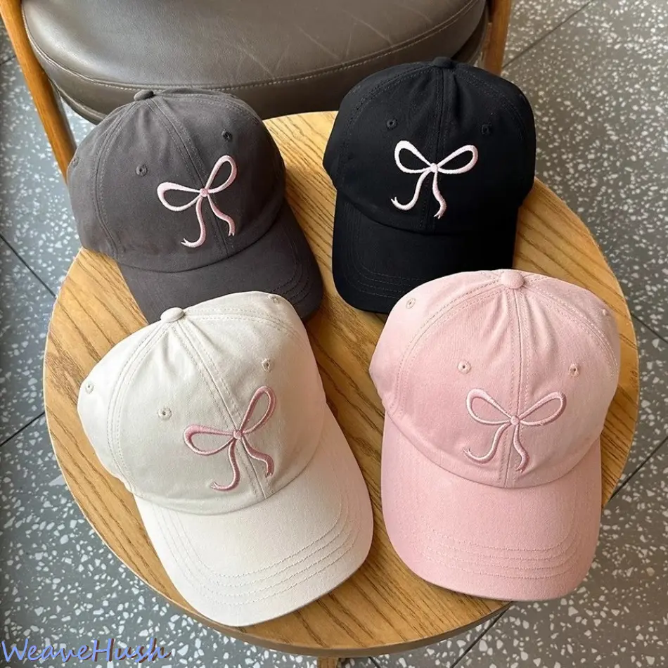 Women's Cute Bow-Embroidered Cotton Adjustable Cap - Soft, Washed, Lightweight, Breathable Unisex Embroidered Snapback Cap for Daily Outdoor Summer Activities, Adjustable Caps