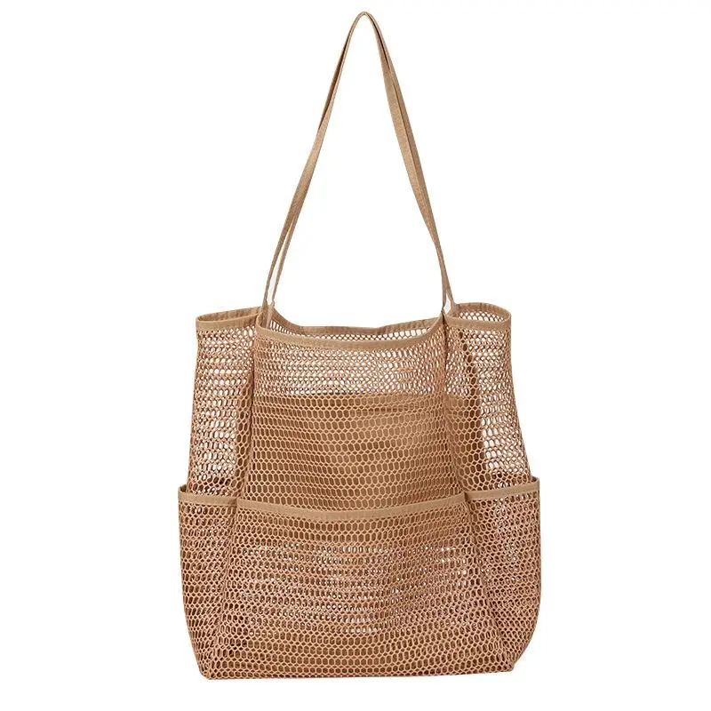 Mesh Beach Bag, Lightweight Casual Bag, Large Capacity Foldable Beach Top Handle Tote Bag with Side Pockets & Inner Zipper Pocket, Storage Bag for Swimming, Fitness, Camping, Picnic, Home, Foldable Tote Bags