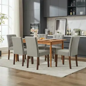 Set of 6 Gray Linen Upholstered Dining Chairs, Classic Parsons Accent Chairs with Walnut Finish Legs, 250 Lb Weight Capacity, Modern Kitchen & Dining Room Side Chairs, Easy Assembly