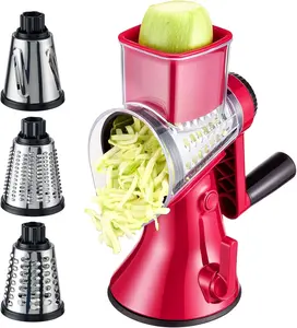 Rotary Cheese Grater with Hand Crank, 3 Stainless Steel Blades, Vegetable Slicer & Shredder with Suction Base, Dishwasher Safe, for Cheese, Nuts, Chocolate