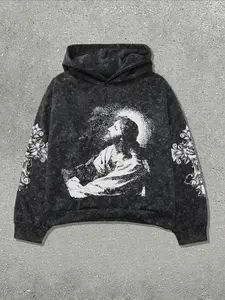 Dark Street Style Hoodie, Snowflake Fabric, Religious Theme, Floral Patchwork Sleeves, Fine Stitching, Fall Winter Commuting Wear