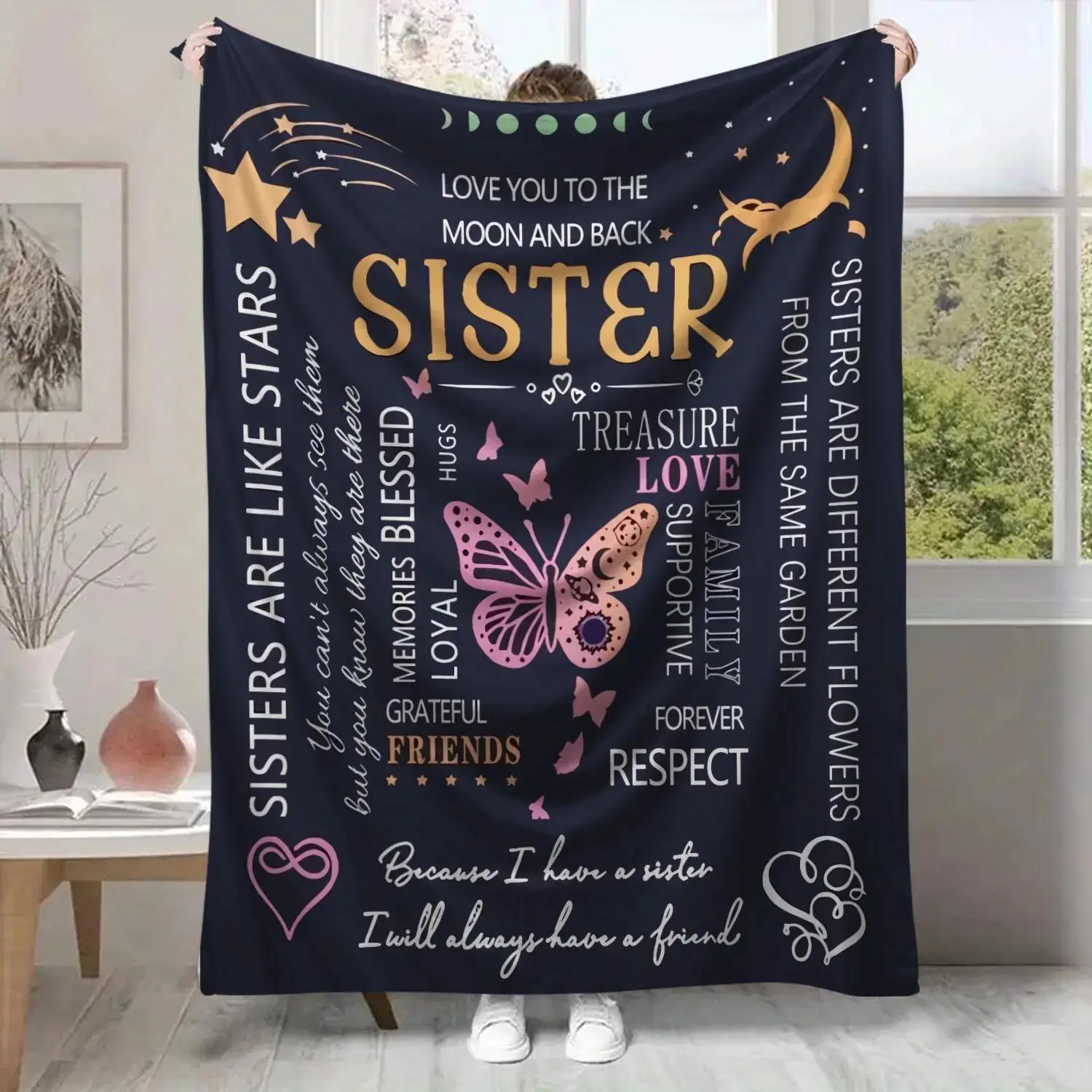 Butterfly & Letter Pattern Blanket, Present for Sister, Soft Warming Flannel Blanket, Napping Blanket for Rest Home Bedroom, Machine Washable Blanket