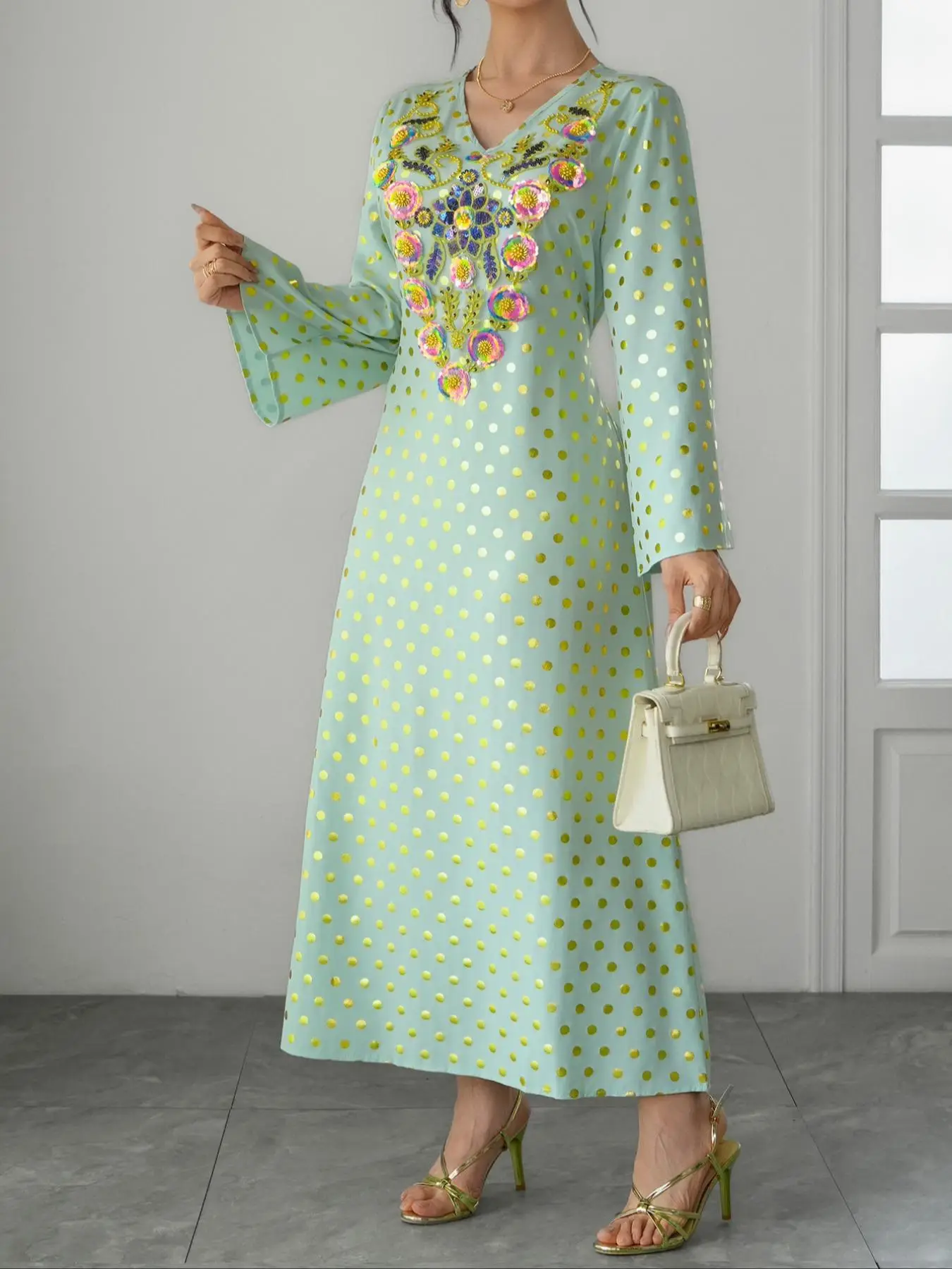 Women's Polka Dot Sequin Long Sleeve Dress, Elegant V Neck Dress for Beach Holiday Vacation, Ladies Clothes for All Seasons