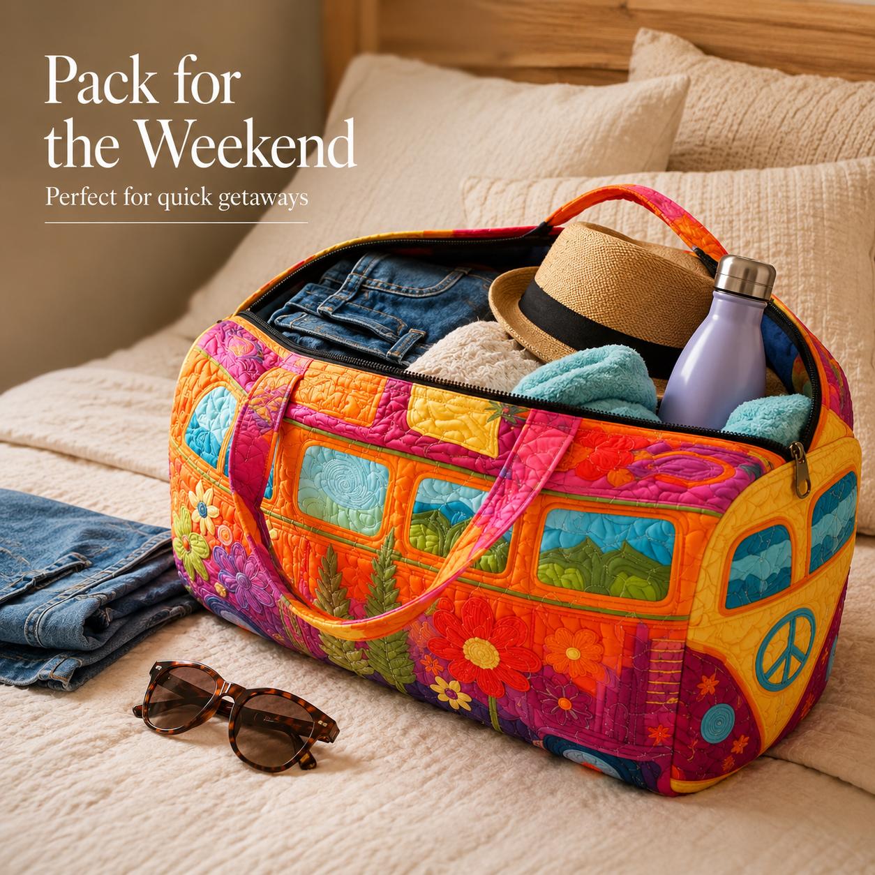 18 Inch Boho Quilted Weekender Bag, Colorful Retro Van Duffel Bag for Travel, Beach, Gym and Weekend Getaway