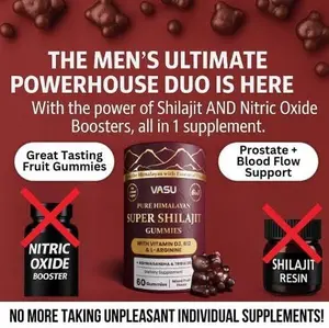 Vasu 6 in 1 Pure Himalayan Gold Shilajit Gummies for Men & Women with Vitamin D3 & B12, L-Arginine, Ashwagandha & Tribulus - Sugar Free Shilajit Resin - 60 Counts for Energy Support - Lab Tested