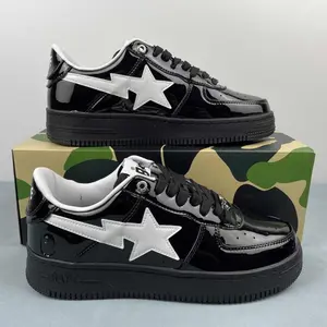 BAPEstas Black Patent Leather Sneakers with White Star Logo and Camo Box Packaging