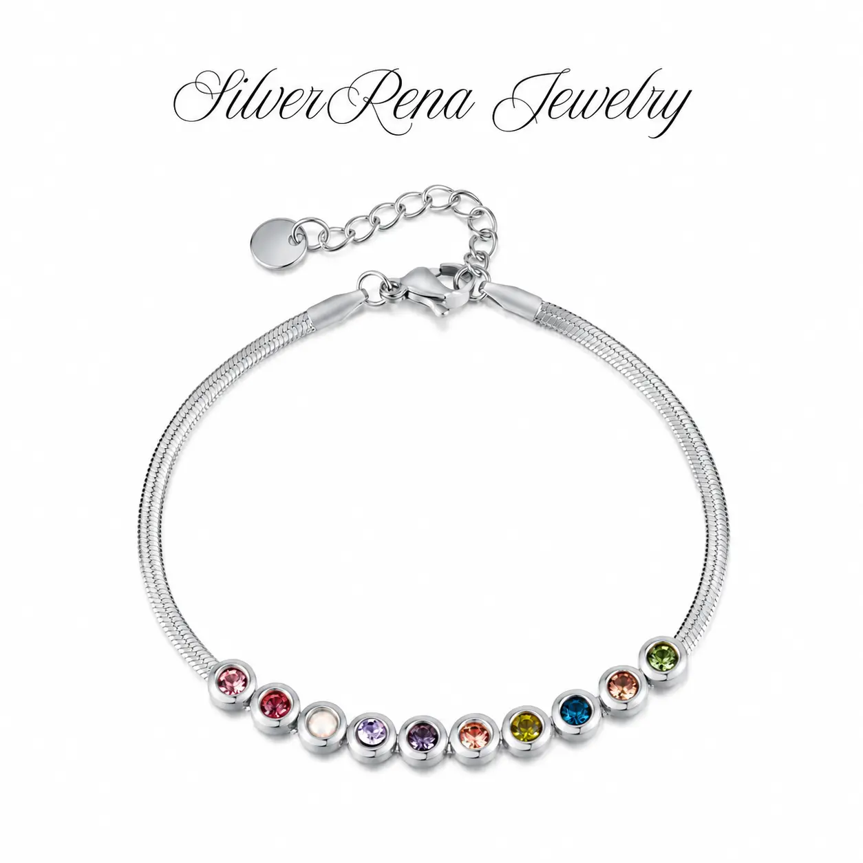 S925 Sterling Silver Multi-Colored Crystal Beads Bracelet for Women | Elegant Rainbow Gemstone-Style Slider Bracelet Hypoallergenic 925 Silver Adjustable Chain Design | Minimalist Luxury Charm Bracelet for Daily Wear