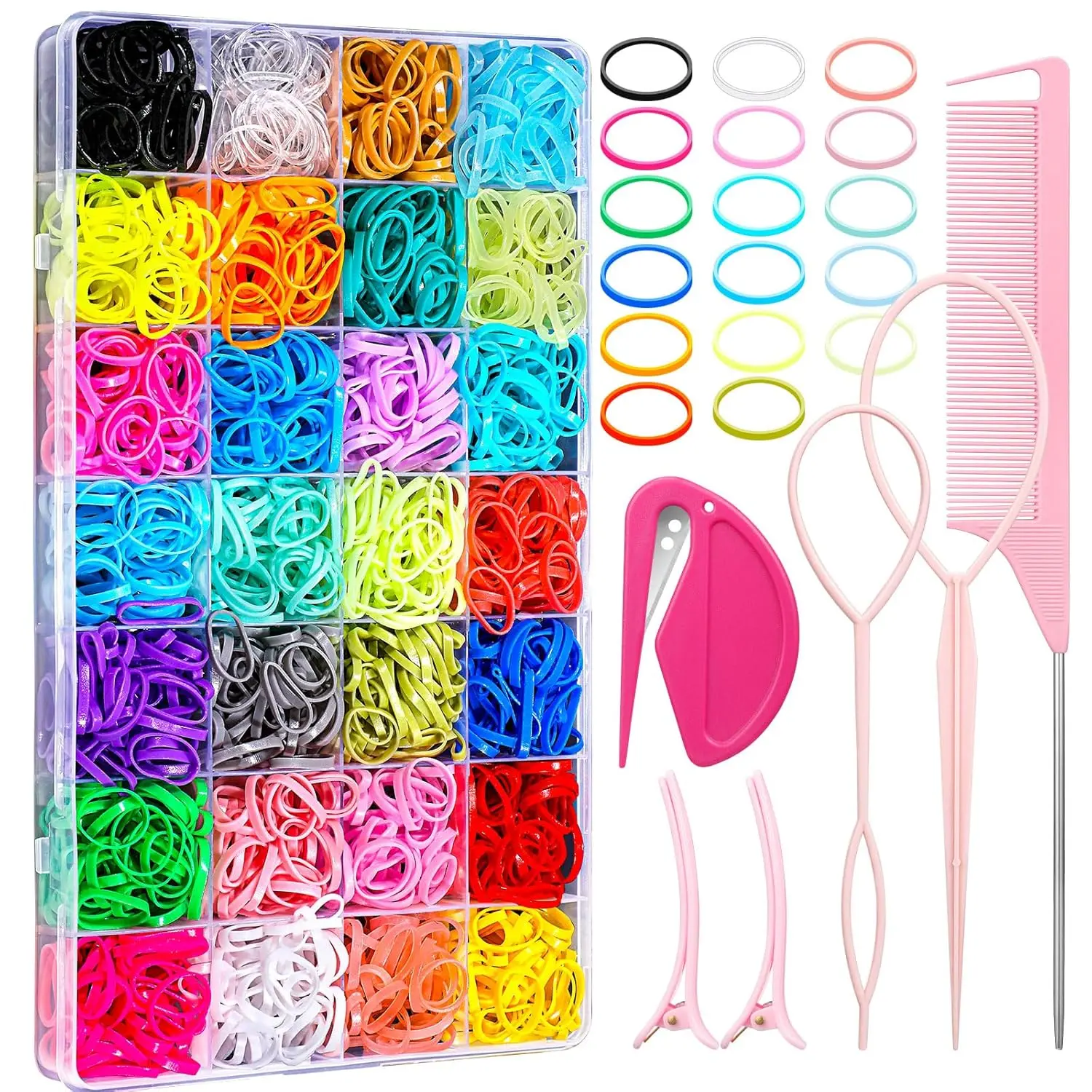 28 Colored Rubber Bands for Hair, 1500 count Small Girls Elastic Ties With 6 Styling Tools - Colorful Accessories for