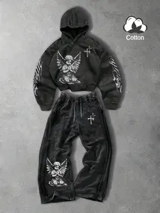 Unisex style, spring and autumn, trendy, Sporty, Graphic, cotton-containing hooded sweatshirt and jogger pants set, Prayer angel pattern print, Suitable for streetwear, American retro styles, Y2K