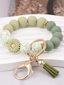 Boho Silicone Bead Bracelet Keychain Bag Charm- Floral Print Wristlet with Tassel & Daisy Charm Floral Pattern Keychain