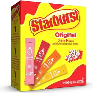 Starburst Singles to Go Variety Pack, Watertok Powdered Drink Mix, Includes 4 Flavors, Strawberry, Cherry, Orange And Lemon 1 Box (30 Servings)