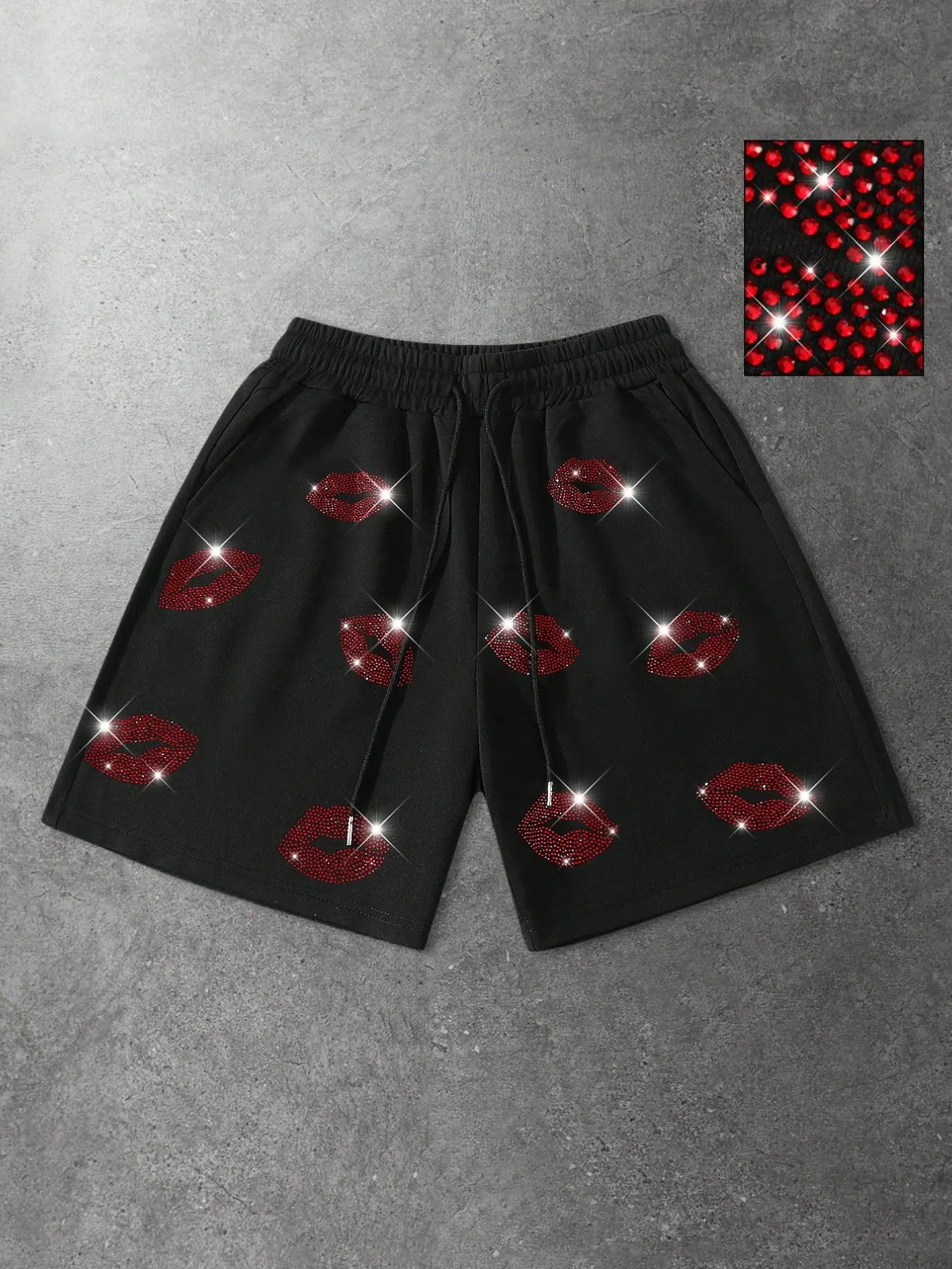 Hip Hop Streetwear Rhinestone Lip Print Shorts, Black Casual Breathable Drawstring Shorts, Loose Fit Sparkly Gym Basketball Shorts, 2026 Trendy Summer Shorts for Men Women Daily Wear