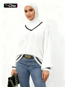 Women's Contrast Binding Drop Shoulder Cable Knit Sweater, Casual Long Sleeve V Neck Jumper for Spring & Fall, Fashion Women's Knitwear for Daily Wear Womenswear