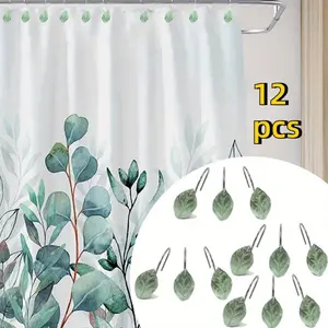 12PCS Leaves Shower Curtain Hooks, Decorative Shower Curtain Rings, Green Plant Leaf Shower Hooks Rustproof Stainless Steel, Bathrom Decor