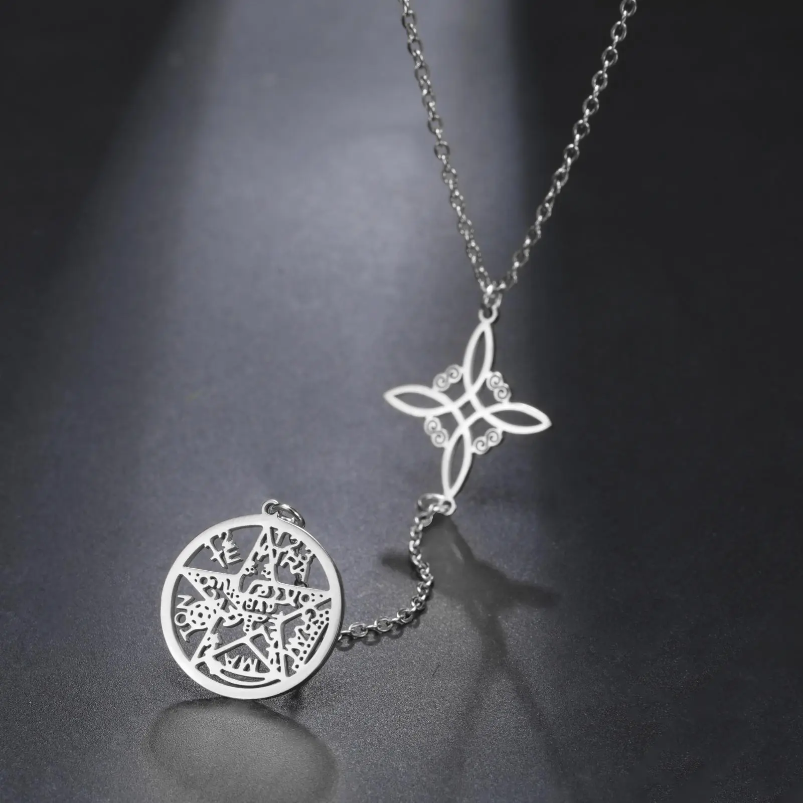 Double Amulet Protection Necklace witch Knot Pentagram Tetragrammaton Stainless Steel Protection Jewerly