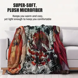 1Pcs Vintage Our Lady of Guadalupe & San Judas Tadeo with Mexican National Emblem Digital Print Flannel Blanket, Ultra-Soft & Fluffy Throw Blanket, Cozy Warm Blanket for Sofa, Bed & Office, Versatile Gift Blanket Ideal for Camping & Travel