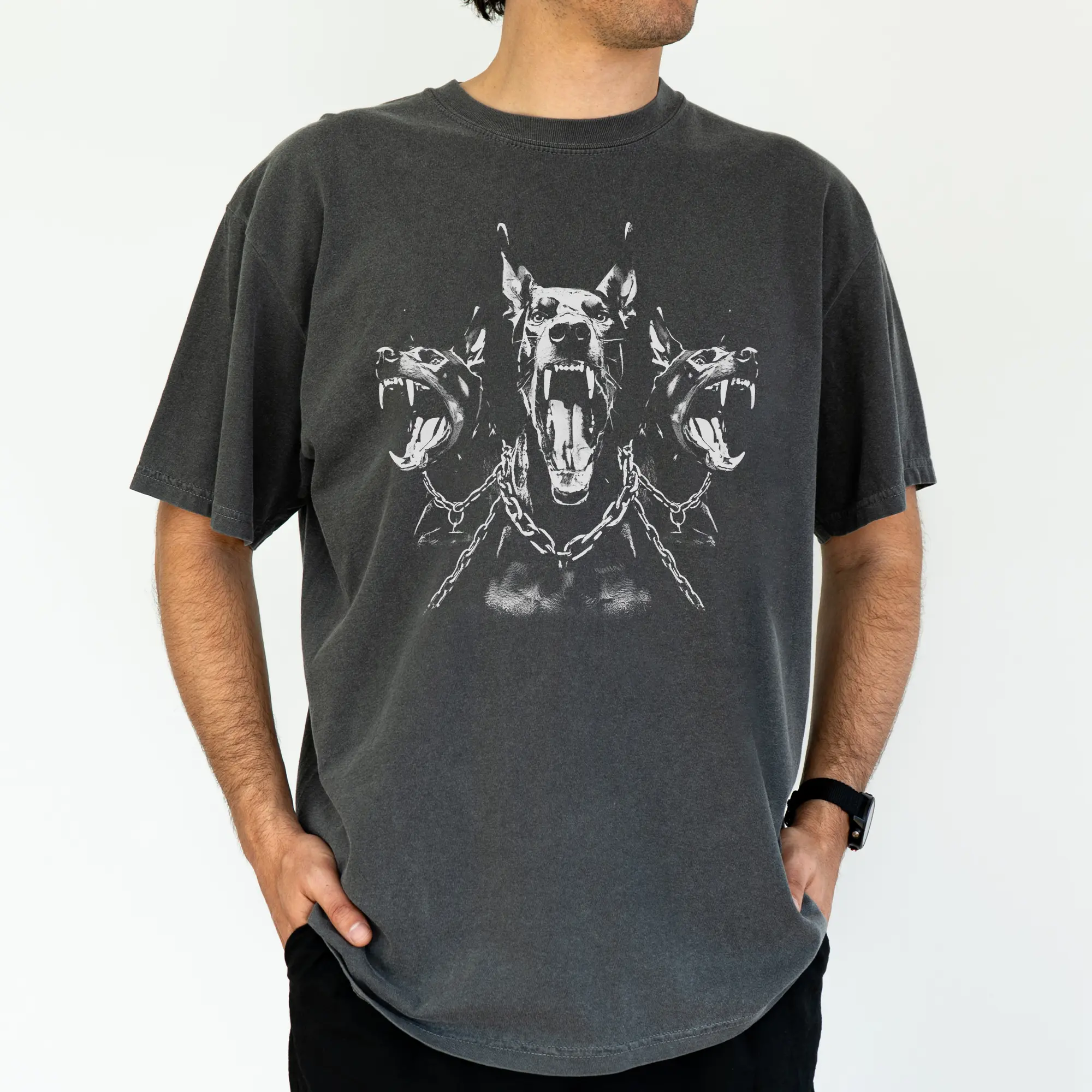 ChicCotton Vintage Doberman Comfort Colors Shirt, Gothic Cerberus Inspired Men T-shirt, Three Headed Dog Graphic Tee For Men, Gift For Him