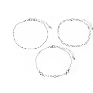 Time and Tru 3 Pack Anklet Set with Rhodium Chain and Stone (Women's)