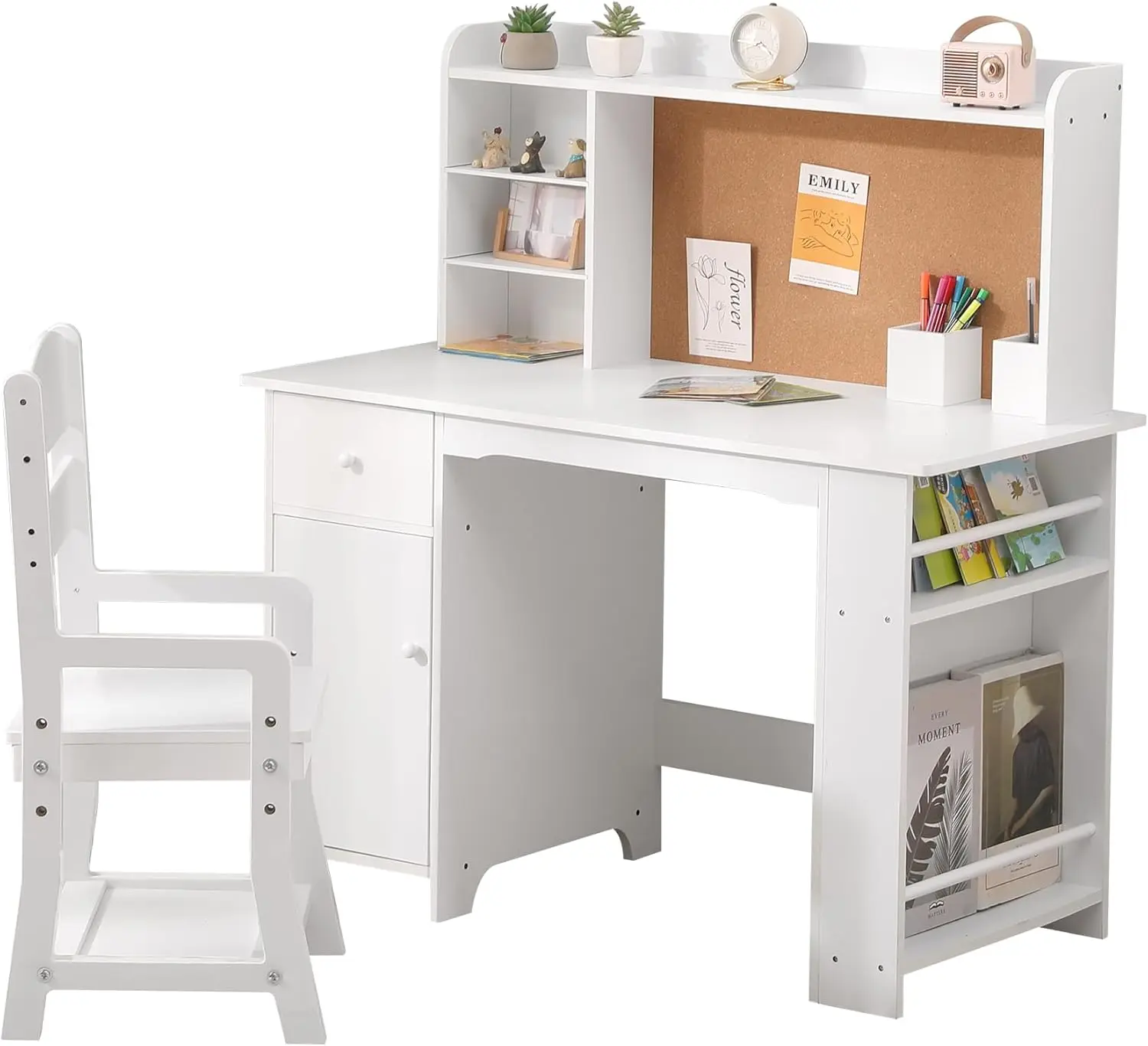 Gaomon Kids Learning Desk and Chair Set (Ages 3-8, MDF Wood) - Sturdy Home Supplies, White, Round Edges, Bookshelf, Bulletin Board, Cabinets, 40"(h)x33"(l)x18"(w), 100 lbs Capacity, Assembly Required, Storage Organizer