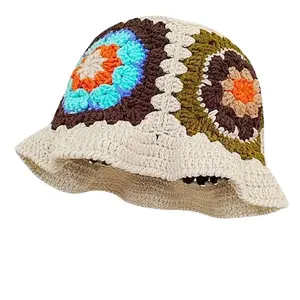 Beige-Multi Hand-Crocheted Floral Bucket Hat with Colorful Flower Patterns and Beige Base Design