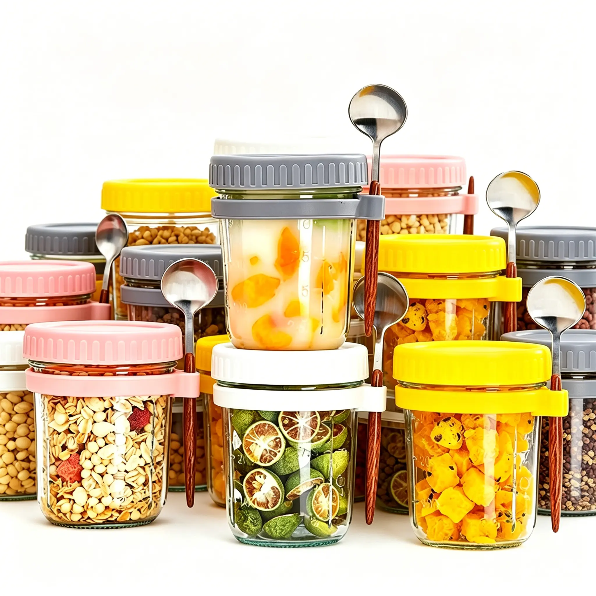 Overnight Oats Cup,Breakfast Glass Jar,Airtight Sealed Food Storage Container,Portable Yogurt Parfait Cup With Metal Spoon,Reusable Meal Prep Jar,Leakproof Cereal Container For Home,Office,Gym,Picnic,Camping,Travel,School Daily Breakfast Storage