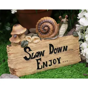 Helix Shell Snail By Mushrooms On Trunk Log With Slow Down Enjoy Sign Figurine