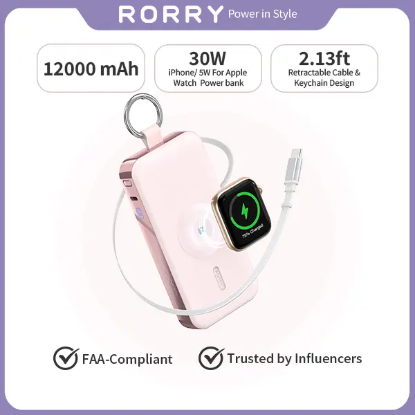 RORRY 12000mAh 30W Power Bank with Built-In Retractable USB-C Cable LED Display Fast Portable Charger for iPhone 12-17 Apple Watch Galaxy Android Devices summerwins