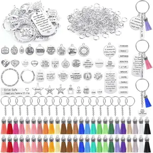 350Pcs Motivational Keychain Accessories Set with 50 Engraved Inspirational Words Charms, 50 Leather Keychain Tassels, 50 Keyring with Chain, 200 Open Jump Rings for Keychain Making, DIY Crafting