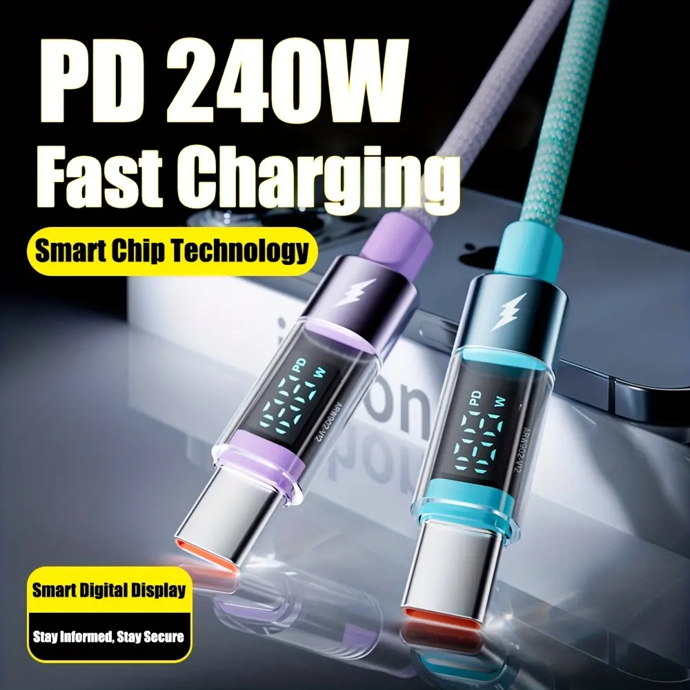 PD240W Fast Charging Cable, Type-C to Type-C Digital Display Charging Cable, Compatible with PD3.1 Down to 120W/100W, USB-C to USB-C Braided Charging Cable, 47.24 inches, Suitable for MacBook Pro, Laptops, iPhone 16, Huawei, Xiaomi, etc.