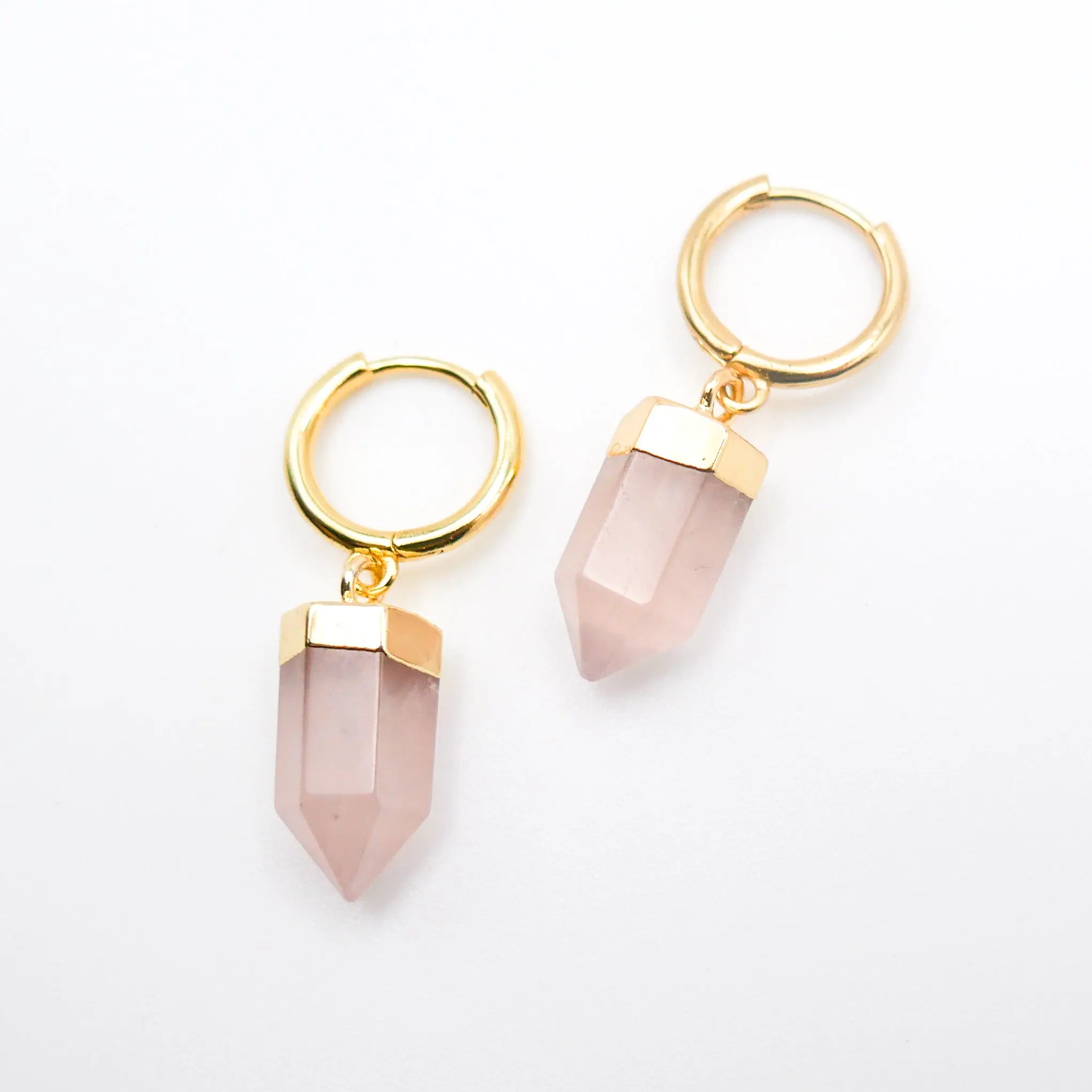 Smitten Rose Quartz Huggy Hoops Nickel Free Crystal Ear Studs Hypoallergenic Earrings for Everyday Wear