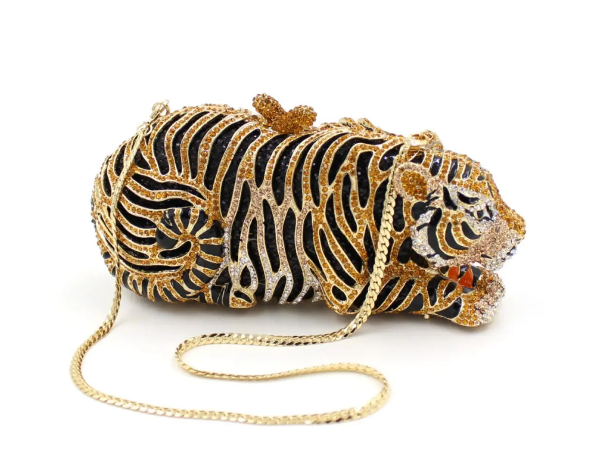Women Cute Tiger Shaped Evening Clutch Sparkling Rhinestones Handbag Prom Party Purse