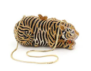 Women Cute Tiger Shaped Evening Clutch Sparkling Rhinestones Handbag Prom Party Purse