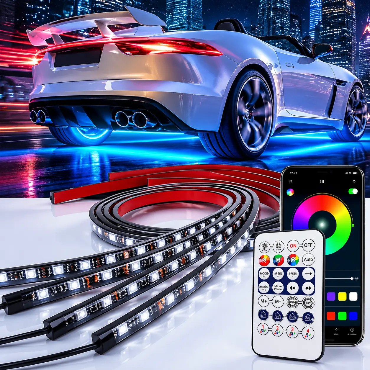 4Pcs Car Underglow LED Light Kit, 8-Color RGB 252-LED Strip Lights with Sound-Active Music Mode, Bluetooth APP & Remote Control, Waterproof for Cars SUVs Exterior Ambient Multifunctional Lighting sequential amber turn signal utv boat scene audio