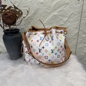 Pre-owned Louis Vuitton Multicolor Noe PM Bag White Monogram Canvas with Tan Leather Trim and Gold Hardware