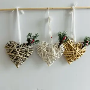Wicker Heart Christmas Decoration Wall Hanging Table Decor Christmas Tree Ornament with Festive Greenery and Berries