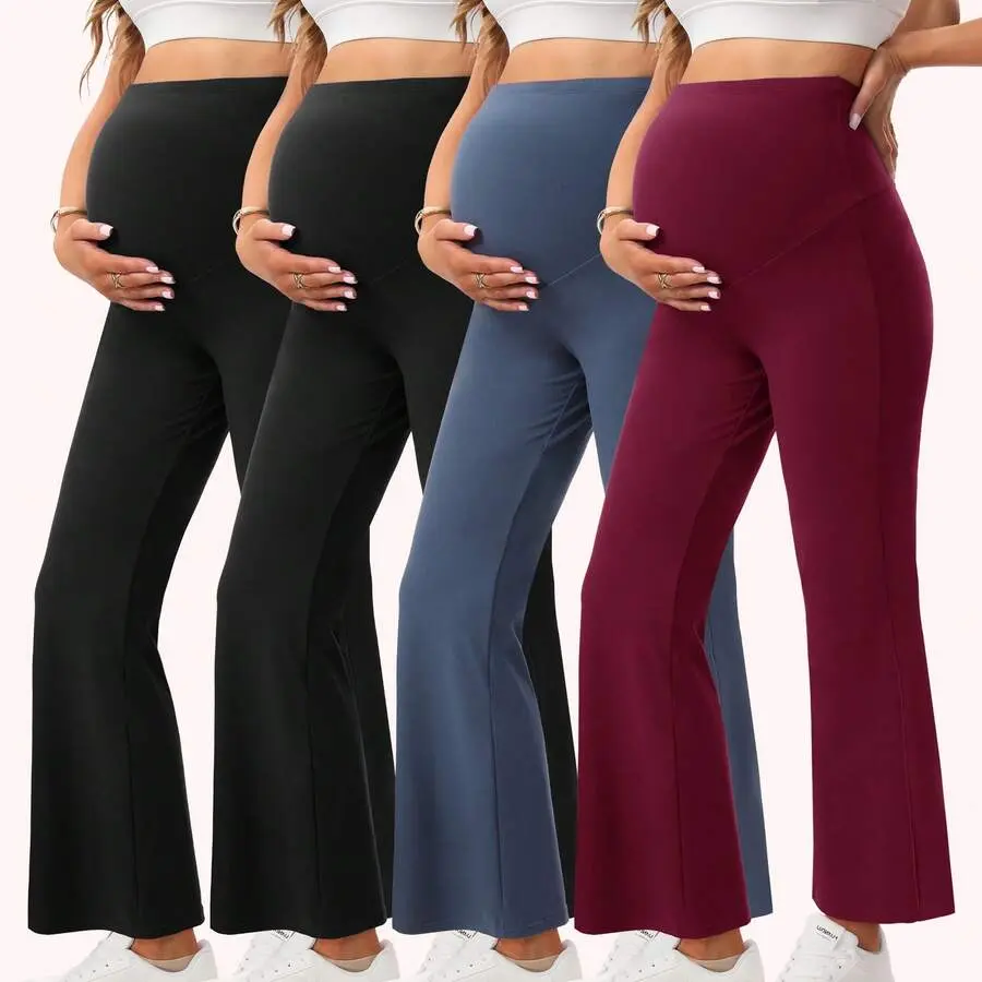 4 Pack Women's Maternity Flare Leggings With Pockets Pants Over The Belly High Waisted Yoga Pregnancy Leggings Workout Pregnancy Pants For Workout Soft Pregnancy Activewear In Assorted Colors
