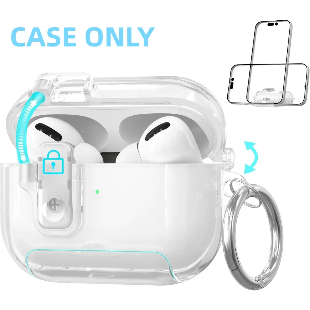 Crystal Clear Protective Case for AirPods 4 AirPods Pro 2/3 with Secure Lock Catch & Built-in Phone Stand, Shockproof Wireless Charging Cover