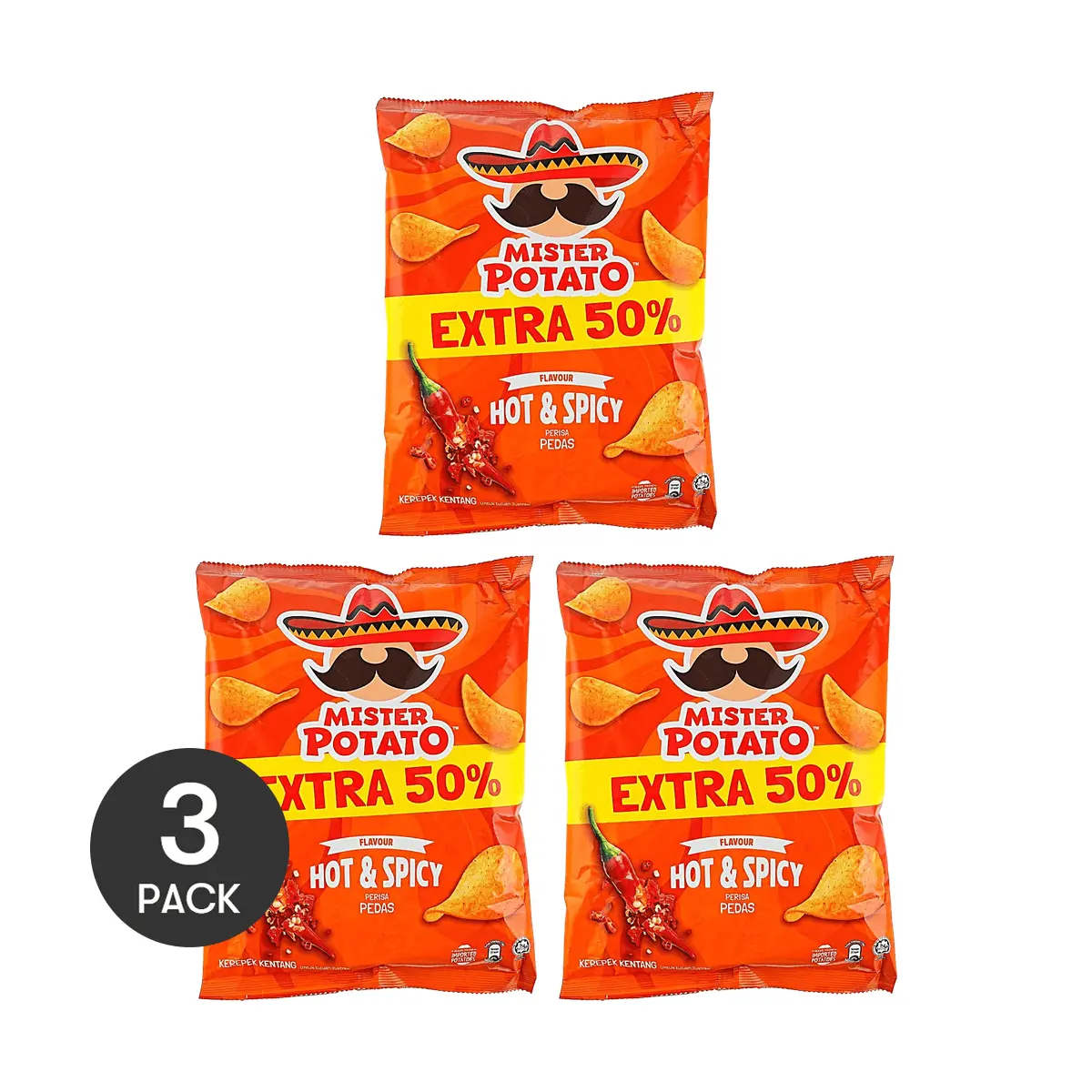 3 Pack Mister Potato Hot & Spicy Crisps 3.17 oz Each - Crunchy Malaysian Chips