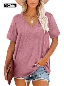 Plus Size V Neck Loose Fit Floral Short Sleeve T-Shirt, Summer Women's Basic Casual Top, Versatile Comfortable Soft T-Shirt