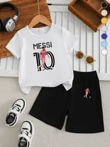 Summer Boys' T-Shirt Short Sleeve + Loose Shorts Set, Messi Football Jersey Print, Casual Athletic Comfortable, Kids Summer Clothing