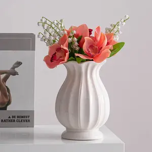 Nordic Wide Mouth Ceramic Vase, Minimalist Decorative Flower Vase for Dried Flowers or Fresh Water Plants, Modern Tabletop Centerpiece for Living Room Home Decor, Elegant Desk Ornament for Floral Arrangement, Home Decor Accessory