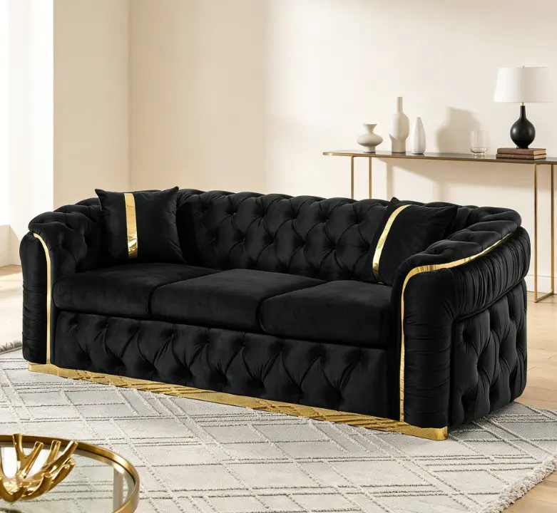90.6-in Classic Chesterfield Sofa Couch for Living Room Decor - 3-Seat (90.6 inches), 280g Italian Velvet, Button Tufting, 2 Pillows, Gold Stainless Steel Accents, Fixed Arms, High-Density Foam Sponge Cushions, Unparalleled Support, Beige - 3 Seats