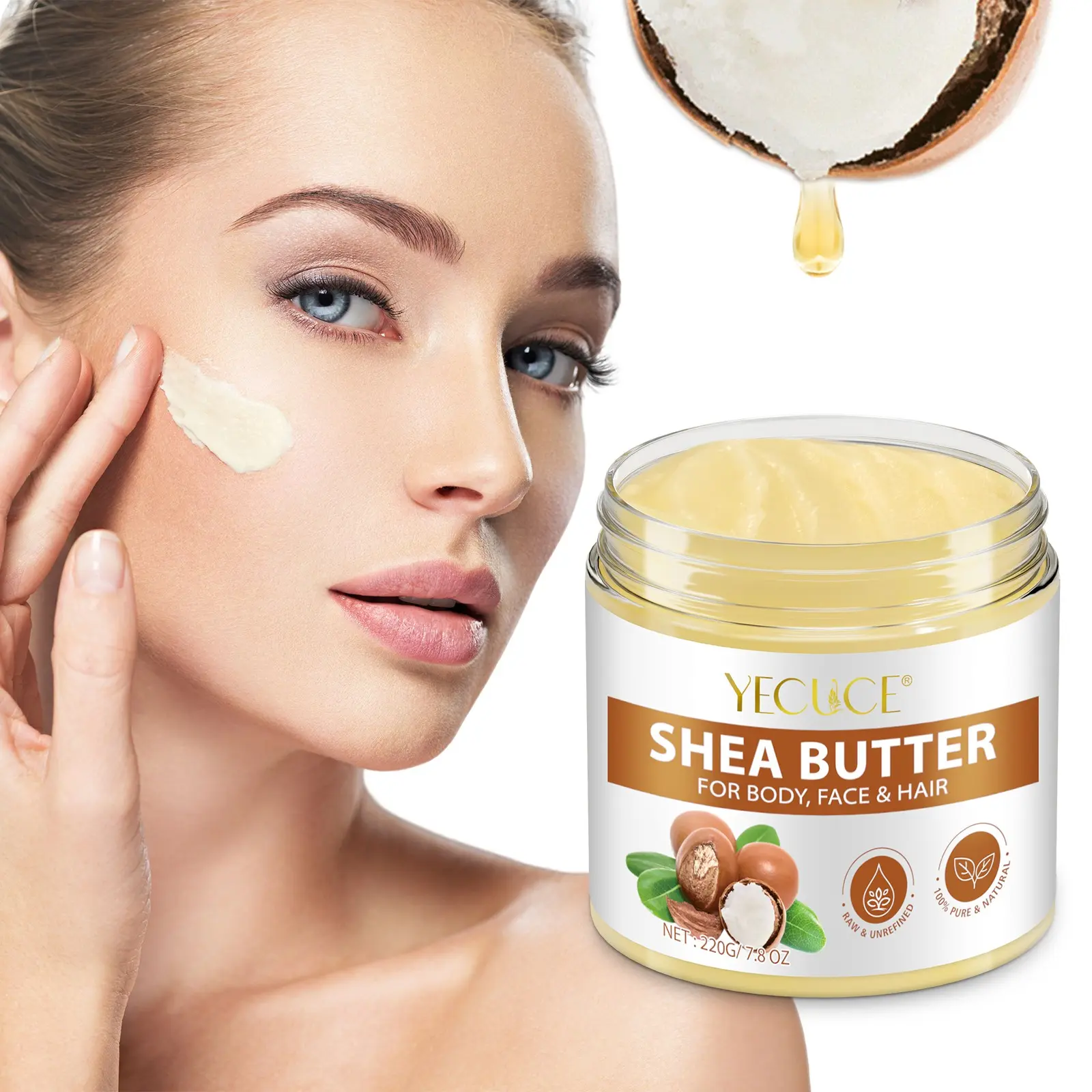 Solid shea butter, unrefined shea butter, Moisturizer, with simple ingredients and mild texture, addresses dry and dehydrated skin, providing rapid moisturization, achieving smooth and supple skin, Moisturizing