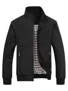 Casual Stand Collar Zipper Jacket for Men - Stylish Black Outerwear with Plaid Lining and Zipper Closure