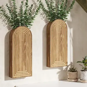 2 Pack Wooden Wall Vase with 14 Fake Eucalyptus for Modern Farmhouse Decor, Boho Art Wall Decor, Wall Planters for Indoor Plants for Bathroom, Kitchen, Bedroom, Dining/Living Room, Wall Plant Holder