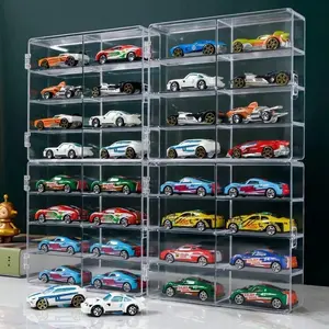 Hot 1/64 Scale Matchbox Toy Car Display Box 4 Piece Toy Car Storage Box Holds Up to 32 Hot Wheels Cars, Clear Display Box with Clear Snap-On Dust Cover Organiser Set