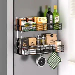 Magnetic Spice Rack Set - 2-Pack Metal Organizer with Hooks for Refrigerator, Space-Saving Kitchen Storage Solution, Perfect for Spices, Herbs, and Condiments