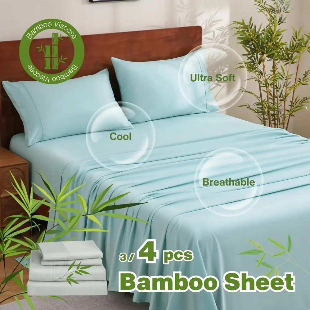 4pcs Cooling Bamboo Bed Sheet Set, 2000 TC Extra Deep Pocket 16 Inch Bed Sheet, Luxury Soft Hotel And Cooling Sheet Set for Hot Sleepers, Wrinkle And Shrink Resistant, Fitted Sheet, Flat Sheet And Pillowcases, Twin/Full/Queen/King FAST DELIVERY, Bamboo Sh