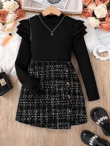 Girls' Spring & Fall Set, Skirts Sets, Fashionable Plain Long Sleeve Top + Trendy Button Design Skirt, Comfortable Soft Elegant Clothes, Clothes Kids